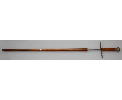 A late 19th century sword stick, with cane scabbard and silver mounted knop handle, the sprung guard above single edge fuller