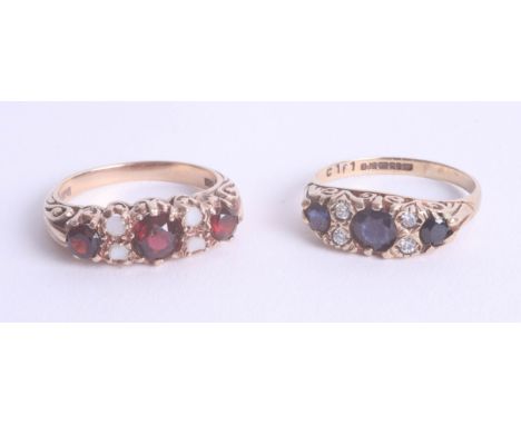 A 9ct sapphire and diamond ring, size O, together with 9ct gold garnet? Ring (2).