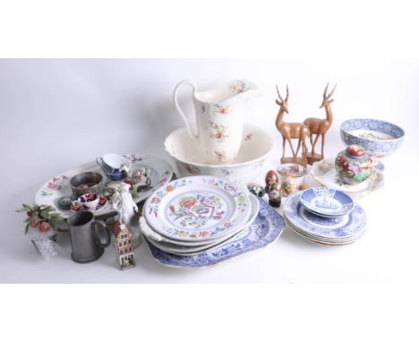 Various 19th century and later blue and white and other plates and china wares, jug and basin set, carvings, pot lid, Garibal