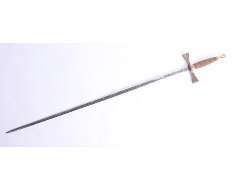 Ceremonial sword with etched engraved steel blade with leather scabbard, length approx. 86cm.