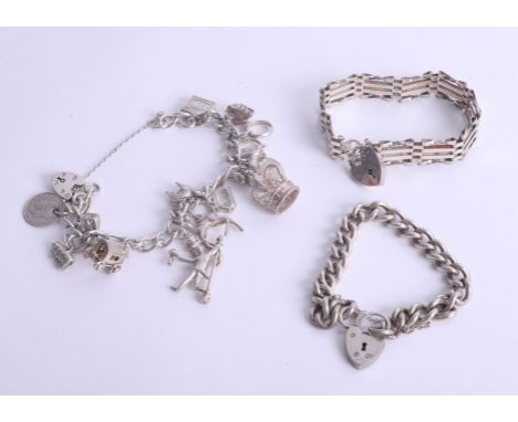 Three silver bracelets including charm and gate bracelet approx. 3.20oz (3).