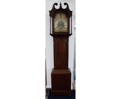 A 19th century longcase clock brass and silver dial with calendar aperture, approx. 11inch, marked Beroni, Pillar, Bradford? 