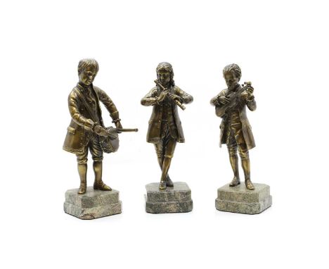 A set of three bronze musicians standing on stepped square bases with canted corners28cm highCondition ReportIn good order wi