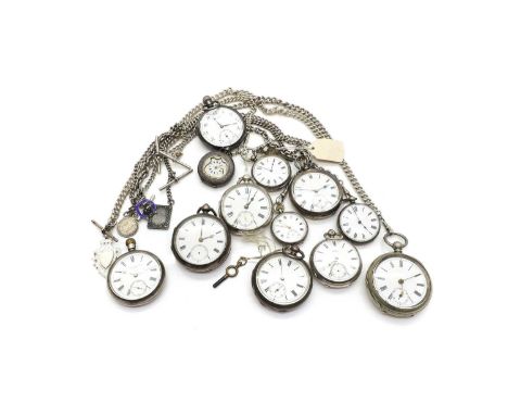 A group of twelve silver pocket watches six examples with chains, including an example stamped 'Milleret Genevre', Birmingham