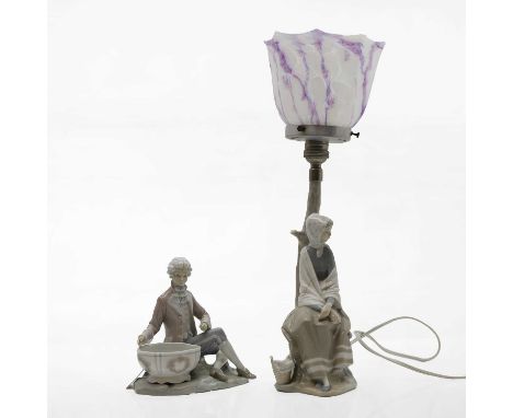 A Lladro porcelain lamp  of recent manufacture, modelled as a lady sitting under a tree with basket beside, the lamp with fro