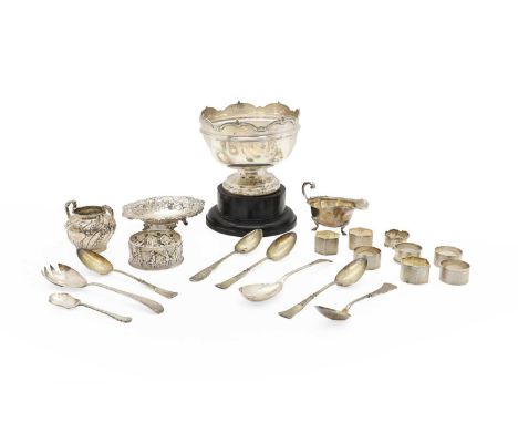A collection of silver items to include a cup by S Blanckensee &amp; Son Ltd, Birmingham 1934, on an ebonised plinth, 19.5cm 