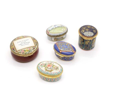 A group of five Halcyon Days enamel pill boxes, to include a Millennium example 4.5cm high, '1992' 5.5cm wide, '50' 5.5cm wid