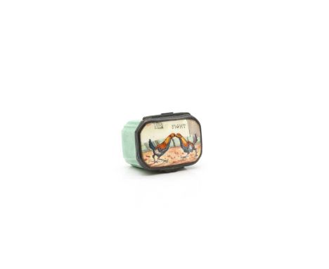 An English enamel box and cover,  late 18th century, probably Bilston, decorated with cock-fighting scene, to a green base5cm