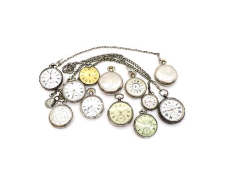 A group of twelve silver pocket watches four with chains, including two Swiss examples, Bear standard mark, marked 935, a Fre