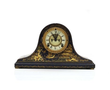 A chinoiserie mantel clock early 20th century, the blue japanned case with gilt figural decoration, the white enamel clock fa