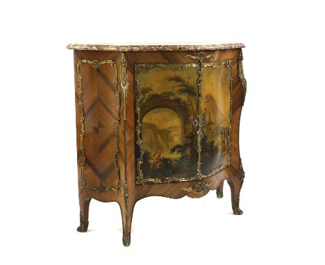 A Louis XV style kingwood commode c.1900, of serpentine outline with marble top and vernis martin decorated panel doors, each