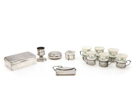 A collection of silver items,  comprising six cup holders, Birmingham 1909, with Aynsley porcelain coffee cans, the holders 4