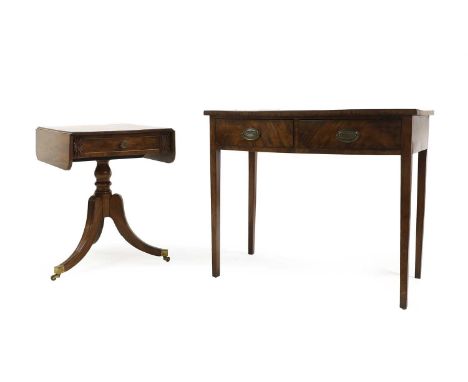 A George III strung mahogany bow front side table with a cross banded top, over two frieze drawers, raised on square tapering