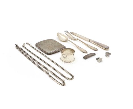 A collection of silver items to include a cased christening set, comprising fork, knife, and spoon by Walker and Hall, Sheffi