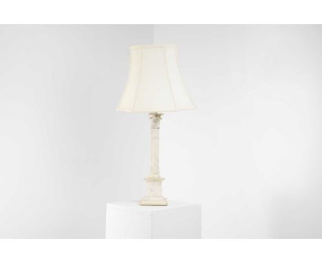 An alabaster table lamp, 20th century, in the form of a fluted classical column, raised on a stepped square plinth,12.5cm wid