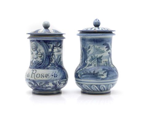 A near pair of Italian maiolica pottery albarelli, late 19th century, Italian, one by Cantagalli, the other marked for Firenz