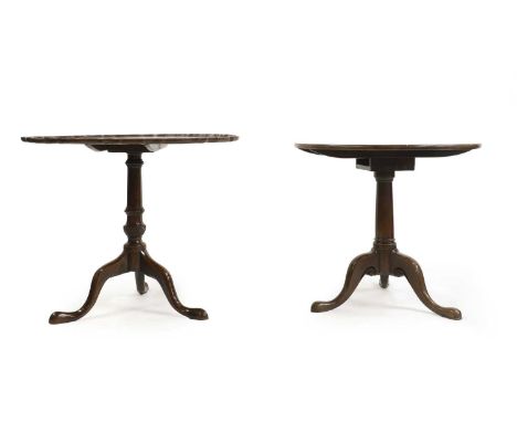 A George III mahogany tripod table the single-piece circular top, over a box action gun barrel column, and scrolled out swept