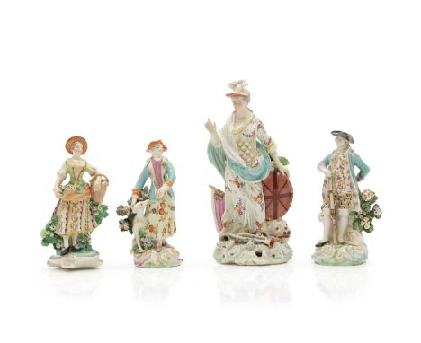 A group of four Derby porcelain patch figures late 18th century, comprising a figure of Britannia, c.1770, 24.5cm high, a hun
