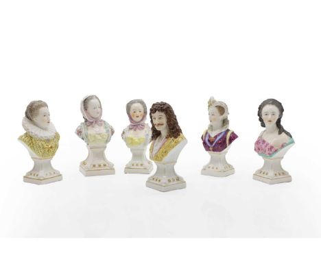 A group of six porcelain busts 19th century, in the manner of Edme Samson, comprising two Sitzendorf style examples of Madame