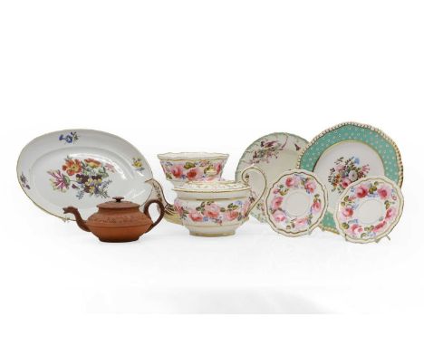 A group of porcelain tea wares  18th century and later, comprising a Chelsea relief moulded plate, with painted butterflies a