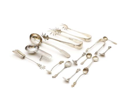 A group of silver items comprising a Maltese silver teaspoon holder, inset with an Emmanuel de Rohan coin, marked 'Michael Bo