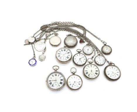 A group of twelve silver pocket and fob watches including seven with chains, including a Swiss enamel example, with a hardsto