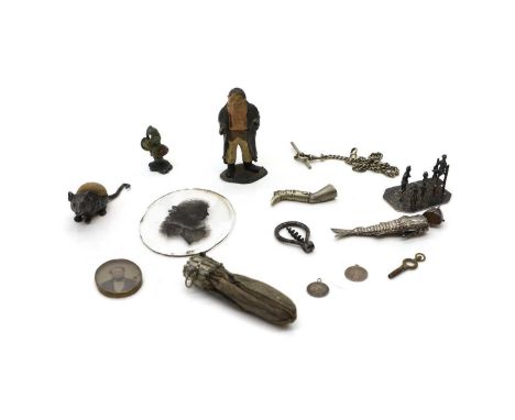 A collection of Victorian collectables, to include two cold-painted base metal figure, of a frog with symbols sitting upon a 