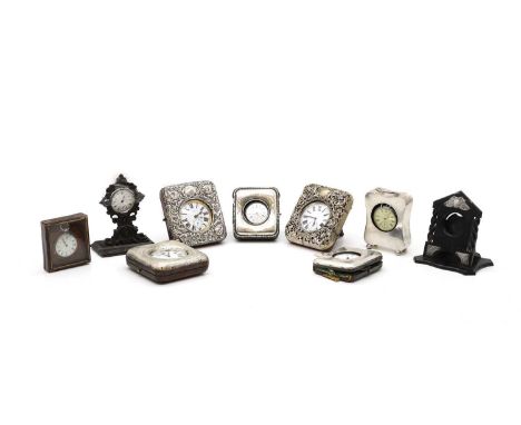 A group of silver pocket watch stands to include three examples with Goliath pocket watches, 12.5cm high, an example in a pla