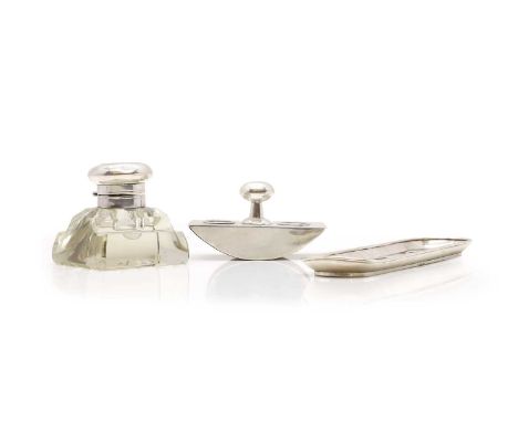 A group of three Maltese silver desk items comprising a pen tray, inset with three coins, Ferdinand von Hompesch, Emmanuel de