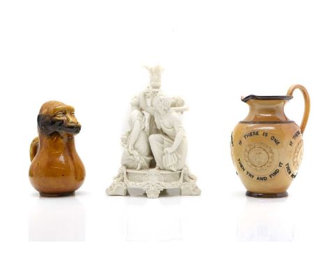 A Doulton Lambeth stoneware jug, with four relief reserves and verse 'for every ill beneath the sun, there is a remedy or non