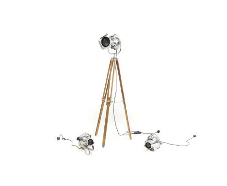 Three aluminium stage lights, 20th century, with one folding tripod, 151cm high (4)Condition ReportPAT passed 19.6.24