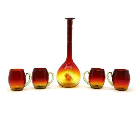 A Blenko tangerine glass decanter, c.1970s, of compressed globe and shaft form, with applied seals,36.5cm hightogether with a