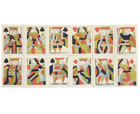 A complete deck of Georgian playing cards mid 19th century, by Reynolds &amp; Sons, comprising 52 stencil coloured woodblock 