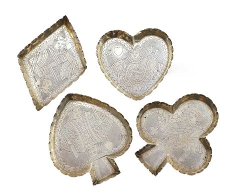 A group of silver pin dishes, by Samuel Jacob, London 1896, modelled as playing card suits, with incised decoration of kings 