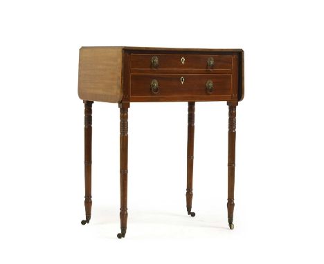 A George III strung mahogany sofa table  with two frieze drawers, and two dummy drawers, with brass lion ring handles, and iv