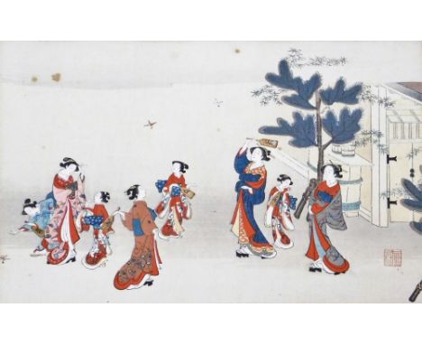A Japanese woodblock print, depicting women in kimono playing shuttledore among companions and children, red seal to lower ri