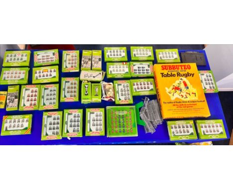 A vintage Subbuteo Table Rugby game, to include twenty-five boxes of player figures, two model nets, four balls, two model tr