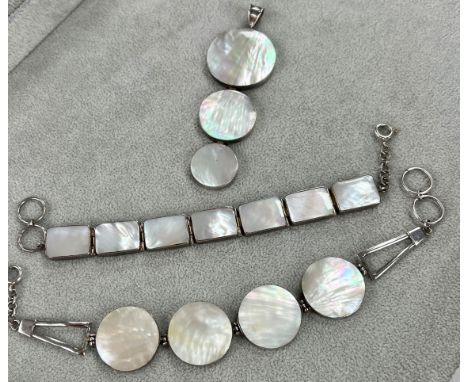 Two modern silver mother of pearl bracelets and matching pendant (3).