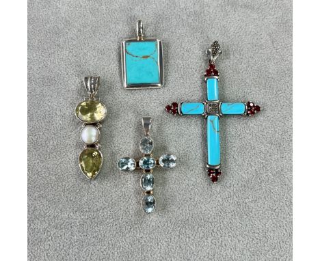 Two modern silver stone set crosses and two similar pendants (4).