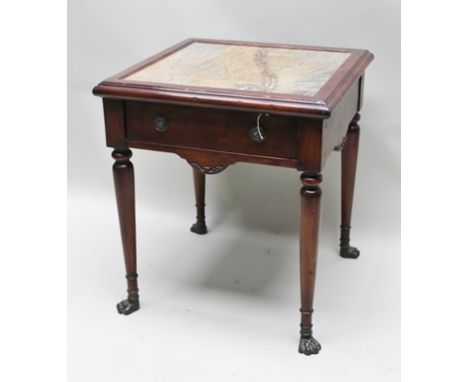 A 19TH CENTURY MAHOGANY SQUARE TOP LAMP TABLE with inset polished stone top, the apron fitted with a single drawer with ring 