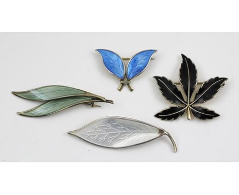 FOUR NORWEGIAN SILVER AND ENAMEL LEAF FORM BROOCHES, each signed 