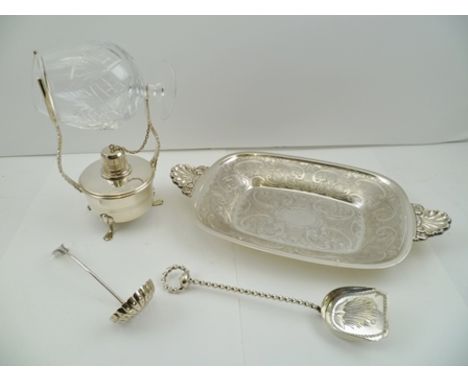 A SILVER-PLATED BRANDY GLASS SPIRIT BURNER with glass, together with a two-handled PLATED SERVING DISH, a SUGAR SIFTING LADLE