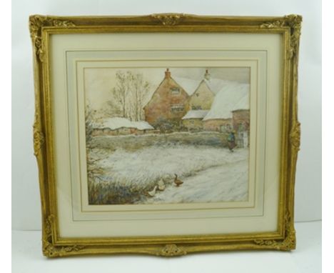 WILLIAM BODEN (fl. 1882-1918) "Winter Scene, Midlands Farm", a figure at the gate, geese in the foreground, Watercolour paint