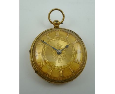 AN 18CT GOLD CASED LADY'S POCKET OR FOB WATCH with gilded dial, Roman numerals and floral decoration, 4cm diameter, with a ri