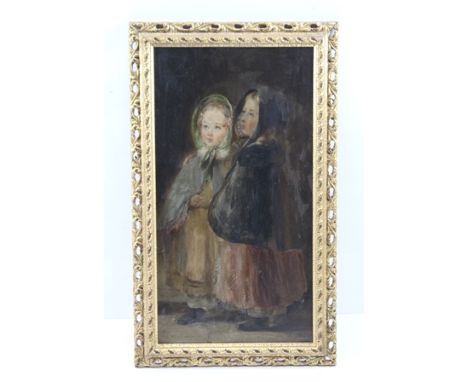 19TH CENTURY BRITISH SCHOOL 'Girls in their Sunday best', Oil painting on panel, 35cm x 18cm, in ornate gilt frame 