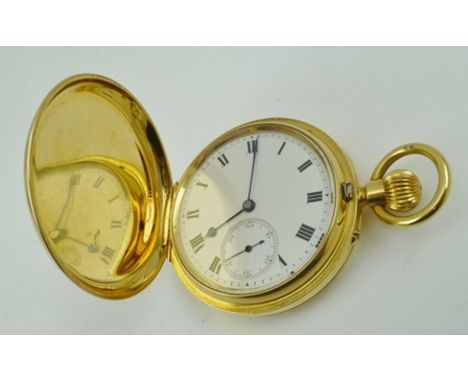 AN 18CT GOLD CASED GENTLEMAN'S HUNTER POCKET WATCH fitted ring suspension, the enamel dial with Roman numerals and secondary 