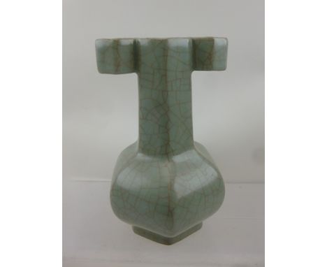 A 19TH CENTURY CHINESE POTTERY VASE, with crackle ware (Jinsitiexian) celadon (green jade) glaze, of hexagonal form, having l