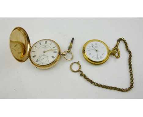 JOHN FORREST OF LONDON A 9CT GOLD CASED HUNTER POCKET WATCH, having white enamel dial with Roman numerals and secondary dial,