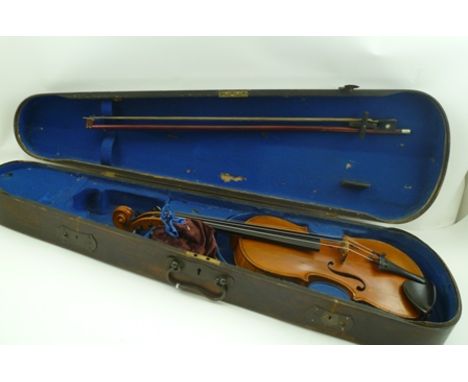 AN EARLY 20TH CENTURY HALF SIZE VIOLIN having two piece back, golden brown varnish, bearing interior printed label "Antonius 