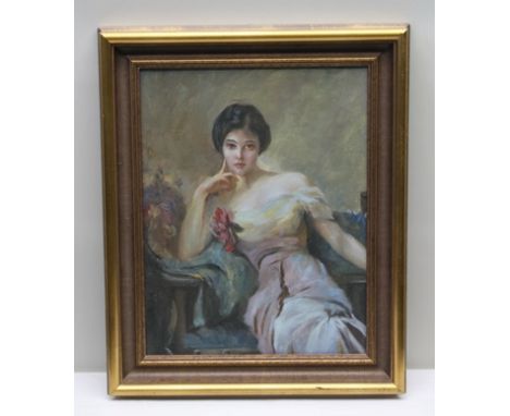EARLY 20TH CENTURY EUROPEAN SCHOOL "Portrait of an Elegant Woman in an Evening Gown", Oil painting on board, 50cm x 38cm, in 